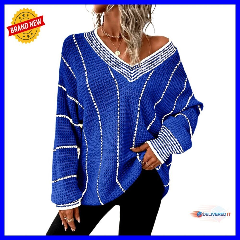 Oversized Striped V Neck Tunic Sweater Casual Chic Knit Pullover Top